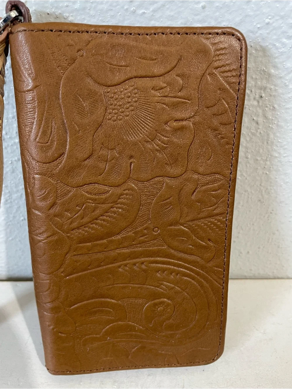 Margot Cognac Leather Cell Phone Wristlet Wallet Embossed Floral Snap Western